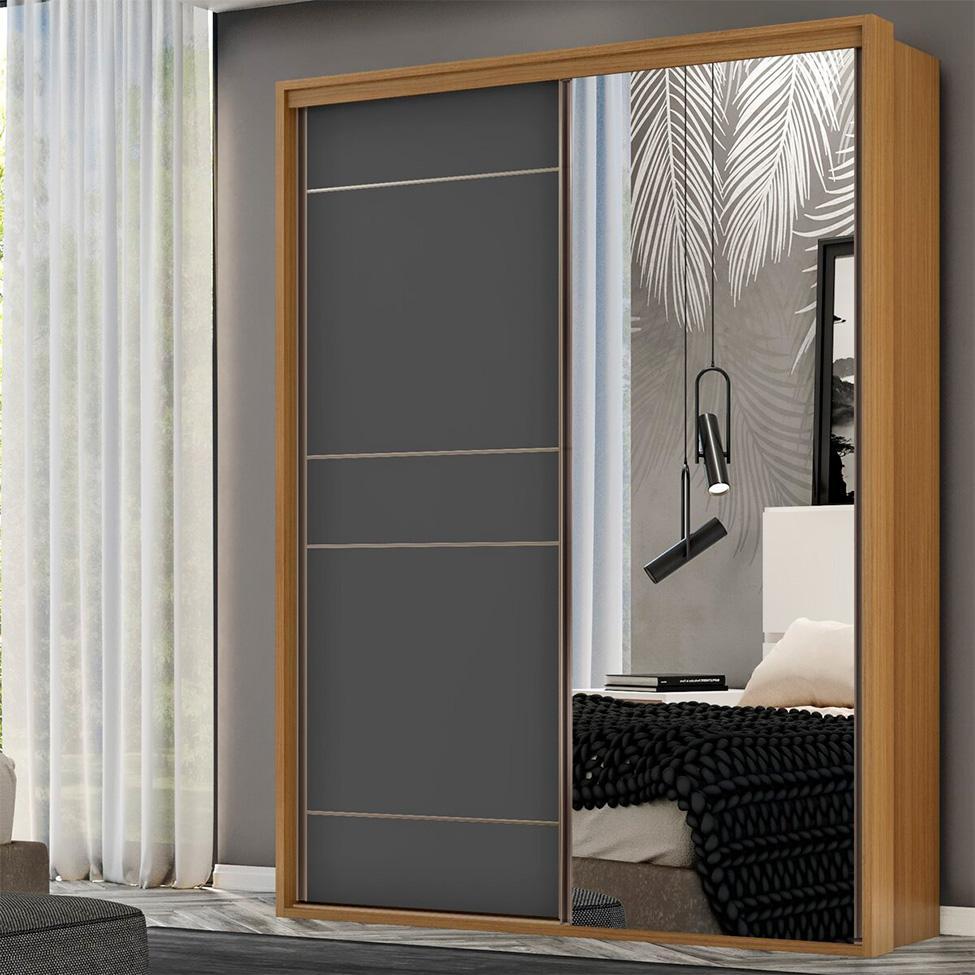 Guarda-Roupa Solteiro com Espelho Qualitá 100% MDF 2 PT 3 GV Freijó e Titânio - 4
