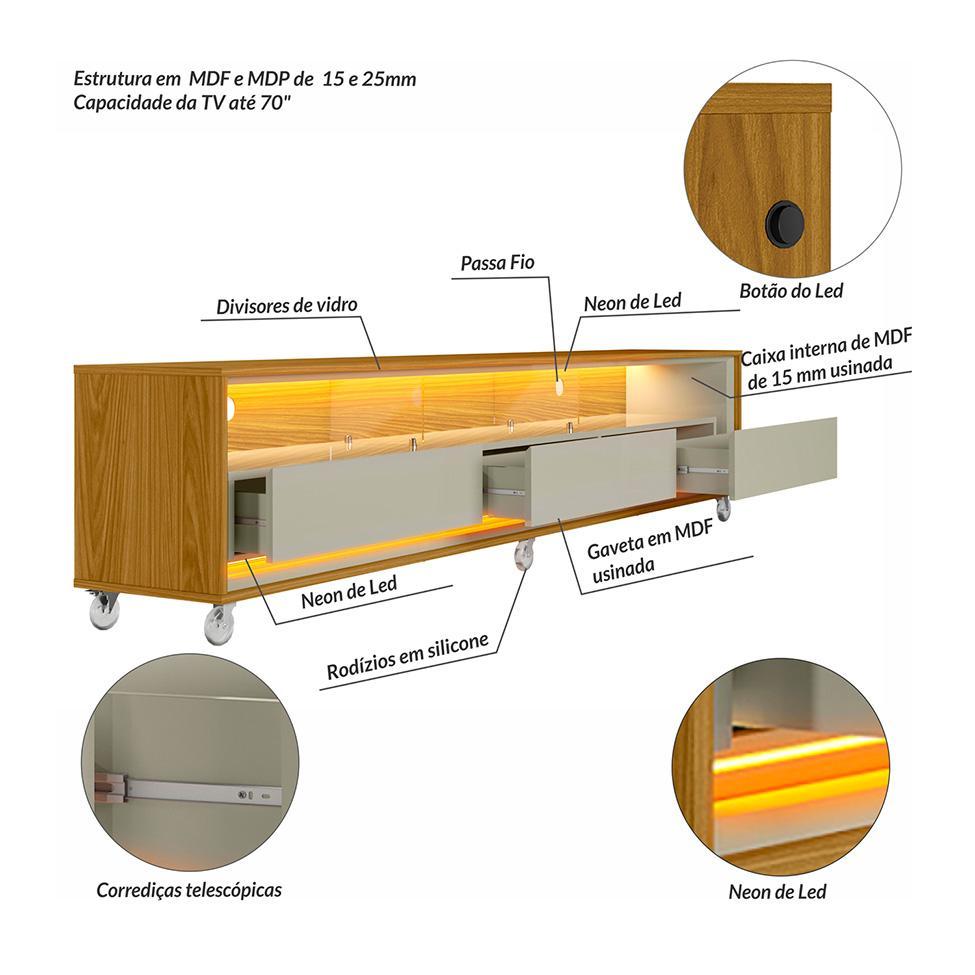 Rack com Painel Ripado até 70 Polegadas Sintra com LED 3 GV Cedro e Off White Alt 218 Larg 222 cm - 6