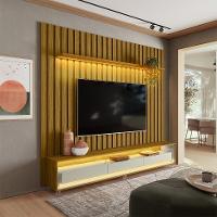 Rack com Painel Ripado até 70 Polegadas Sintra com LED 3 GV Cedro e Off White Alt 218 Larg 222 cm - 2