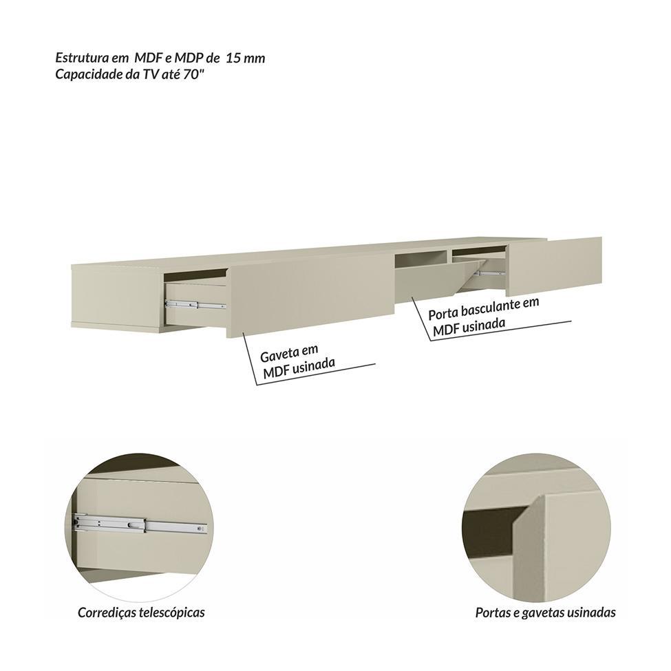 Painel Ripado com Rack Suspenso até 70 Polegadas Tulum com LED 1 PT 2 GV Off White Alt 242 Larg 222 cm - 5