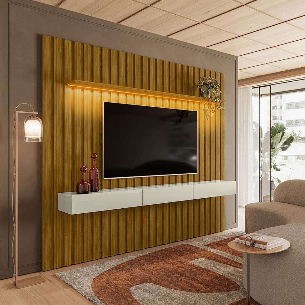 Painel Ripado com Rack Suspenso até 70 Polegadas Tulum com LED 1 PT 2 GV Cedro e Off White Alt 218 Larg 222 cm - 2