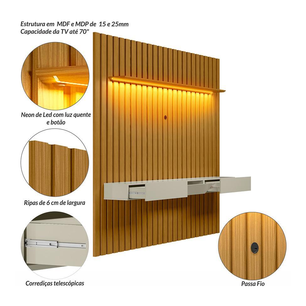 Painel Ripado com Rack Suspenso até 70 Polegadas Tulum com LED 1 PT 2 GV Cedro e Off White Alt 218 Larg 222 cm - 5