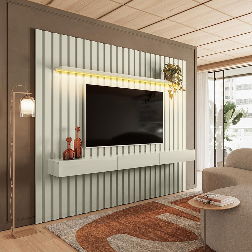 Painel Ripado com Rack Suspenso até 70 Polegadas Tulum com LED 1 PT 2 GV Off White Alt 218 Larg 222 cm - 2