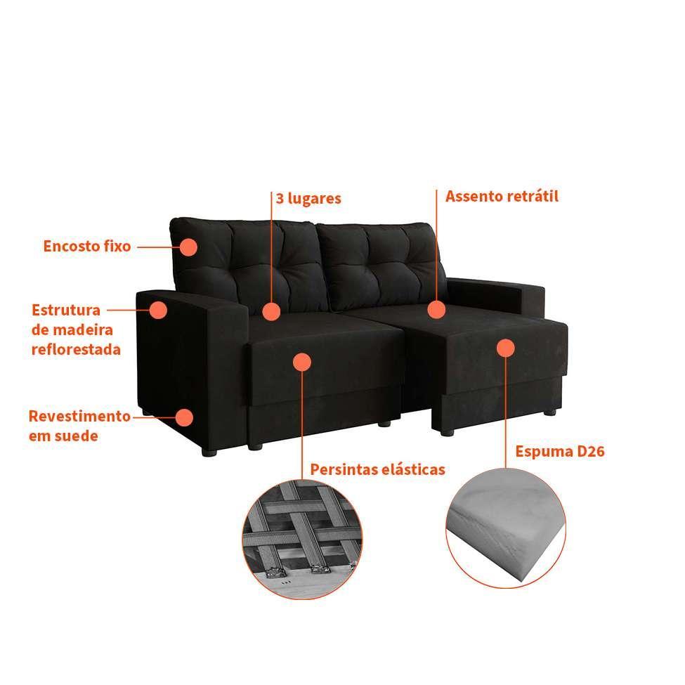 Sofá 3 Lugares Retrátil Lubeck Suede Preto 180 cm - 4