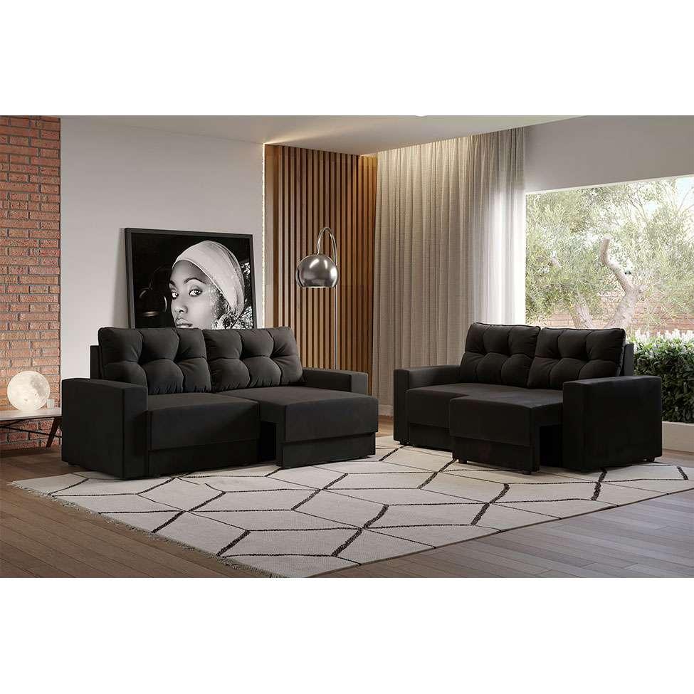 Conjuntos de Sofás 2 e 3 Lugares Lubeck Retrátil Preto - 1
