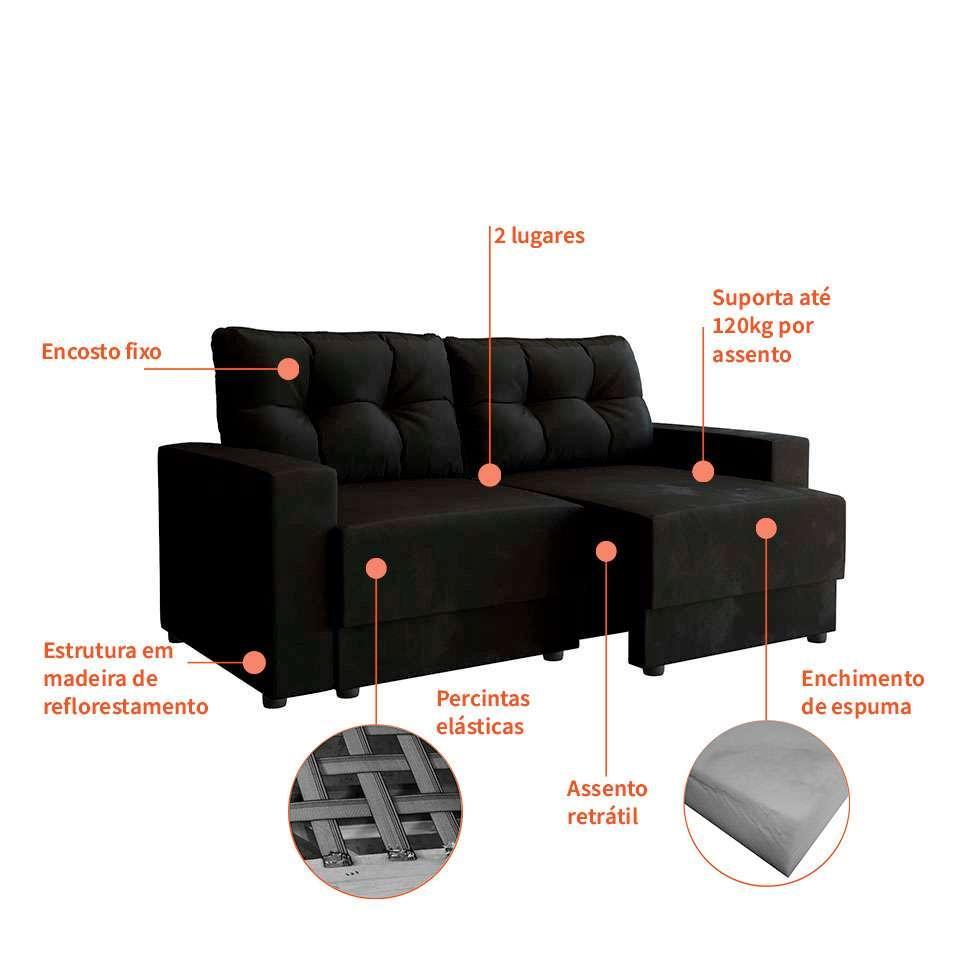 Conjuntos de Sofás 2 e 3 Lugares Lubeck Retrátil Preto - 6