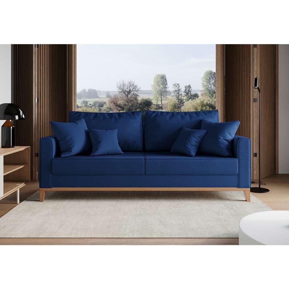 Sofá 3 Lugares Beny Base de Madeira Linho Cotton Azul Marinho - 2