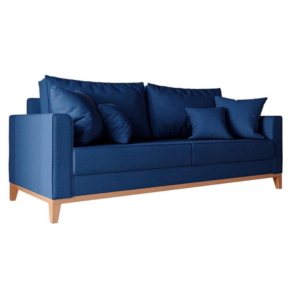 Sofá 3 Lugares Beny Base de Madeira Linho Cotton Azul Marinho - 4