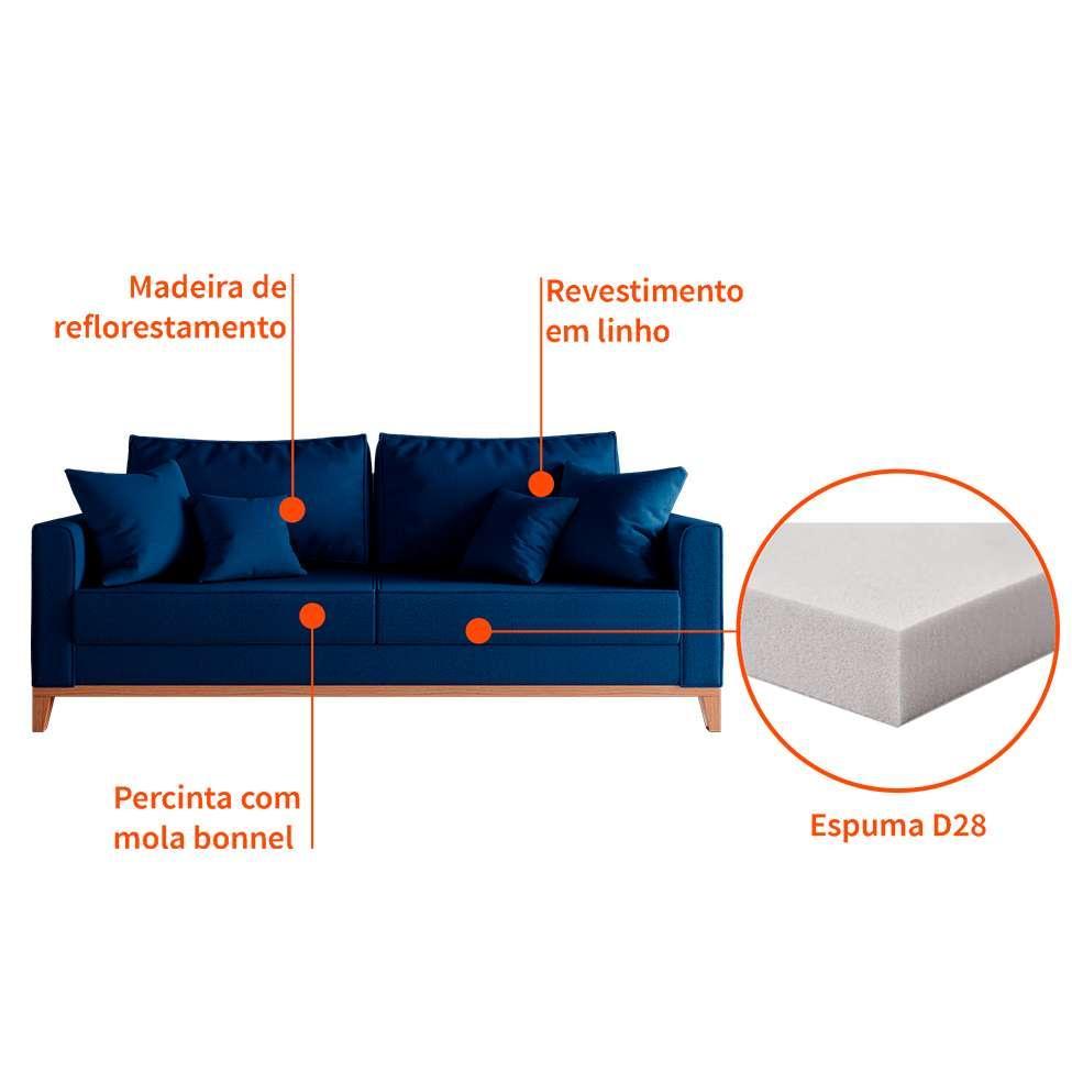 Sofá 3 Lugares Beny Base de Madeira Linho Cotton Azul Marinho - 6