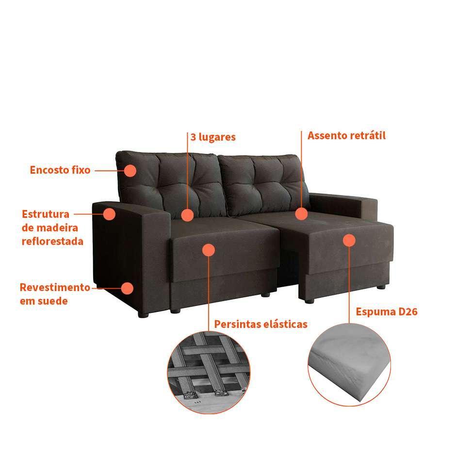 Sofá 3 Lugares Retrátil Lubeck Suede Grafite 180 cm - 4