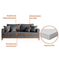 Sofá 3 Lugares Beny Base de Madeira Linho Cotton Grafite