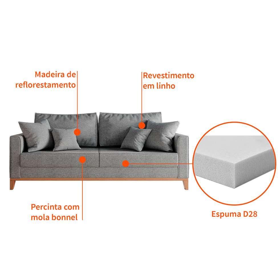 Sofá 3 Lugares Beny Base de Madeira Linho Cotton Cinza - 5
