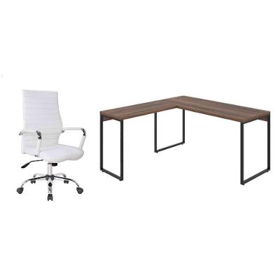 Conjunto de Mesa Kuadra Nogal 150 cm com Cadeira de Escritório Diretor Giratória Cleaner Branca