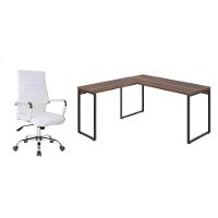 Conjunto de Mesa Kuadra Nogal 150 cm com Cadeira de Escritório Diretor Giratória Cleaner Branca - 1