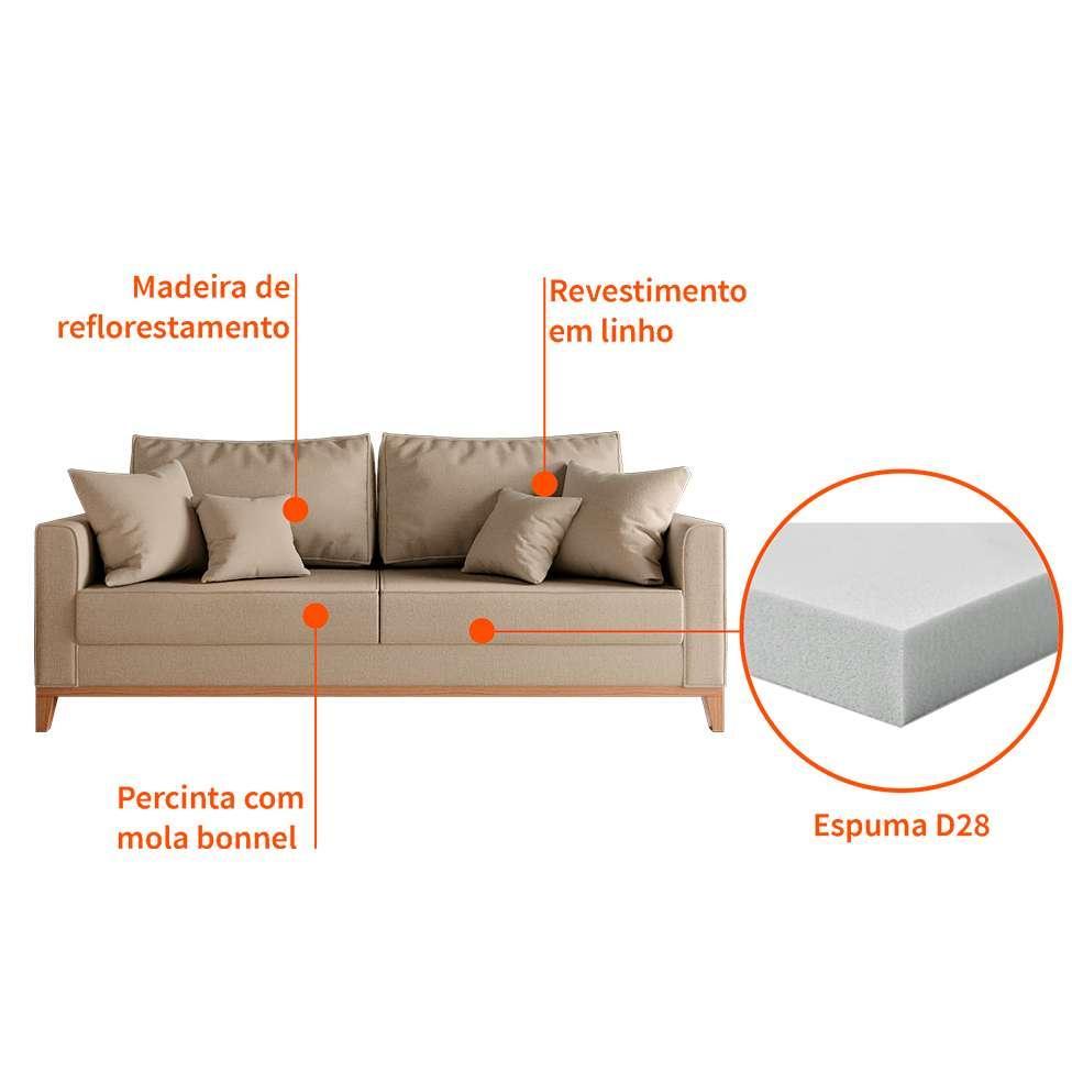 Sofá 3 Lugares Beny Base de Madeira Linho Cotton Bege - 5