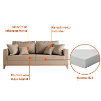 Sofá 3 Lugares Beny Base de Madeira Linho Cotton Bege - 5