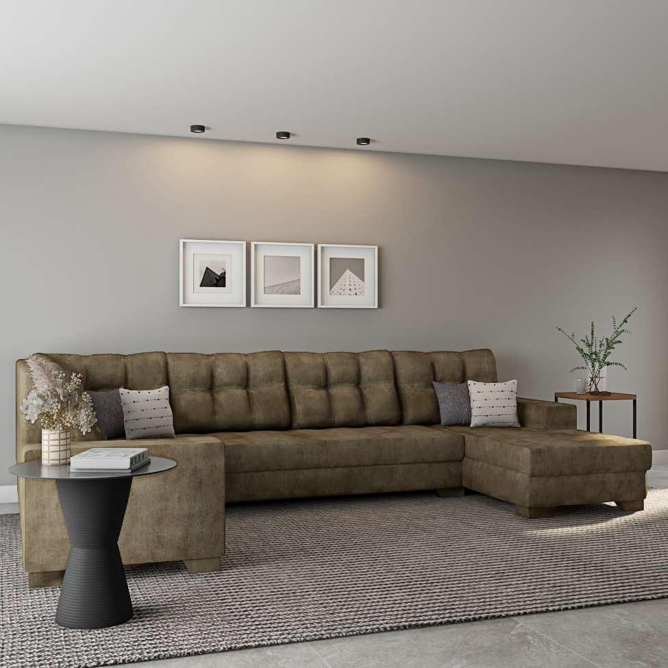 Sofá de Canto 6 Lugares com Chaise Direito Cannes Suede Amassado Marrom - 1