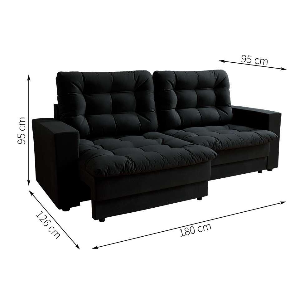 Sofá 3 Lugares Retrátil Lubeck Plush Suede Preto - 3