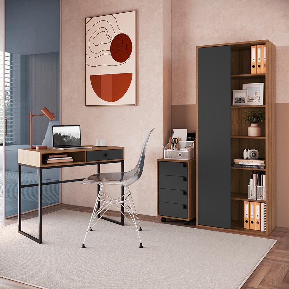 Conjunto para Escritório Office com Escrivaninha 1 GV, Gaveteiro 4 GV e Estante Livreiro 1 PT Grafite e Mel - 1