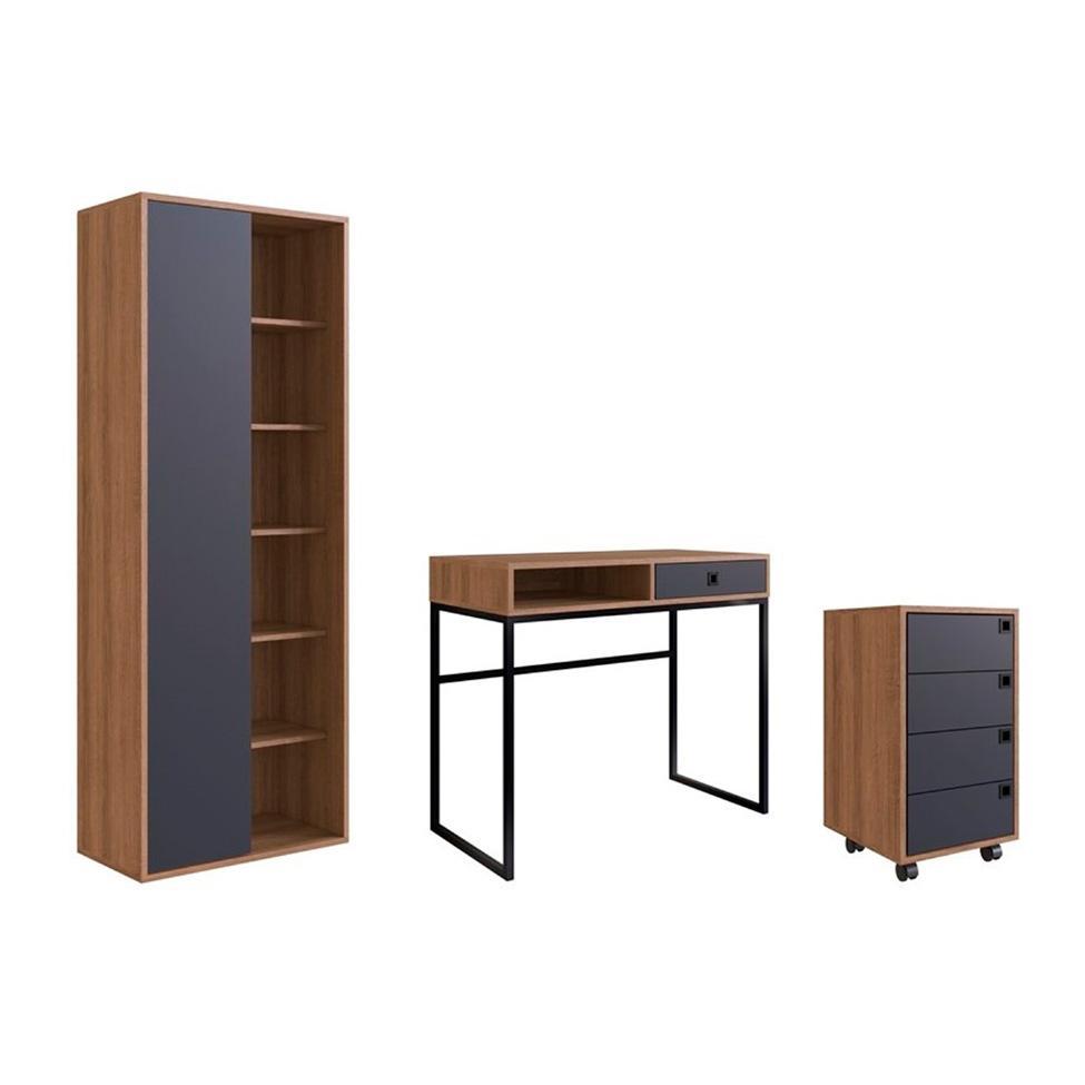 Conjunto para Escritório Office com Escrivaninha 1 GV, Gaveteiro 4 GV e Estante Livreiro 1 PT Grafite e Mel - 2