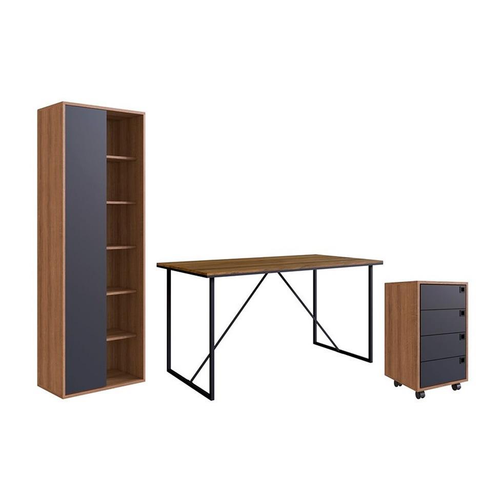 Conjunto de Escrivaninha Steel Wood com Gaveteiro 4 GV e Estante Livreiro Office 1 PT Grafite e Mel - 2