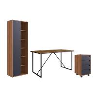 Conjunto de Escrivaninha Steel Wood com Gaveteiro 4 GV e Estante Livreiro Office 1 PT Grafite e Mel - 2