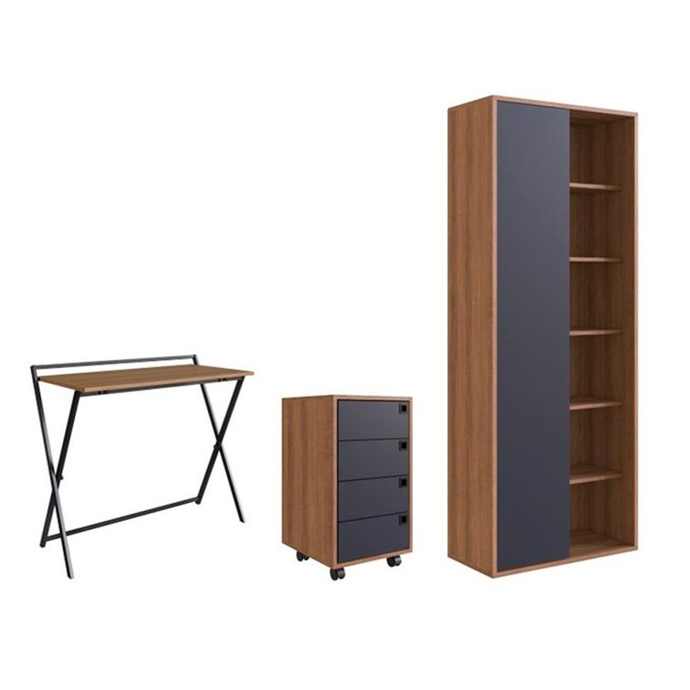 Conjunto de Escrivaninha Dobrável Paricel com Gaveteiro 4 GV e Estante Office 1 PT Grafite e Mel - 2