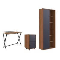Conjunto de Escrivaninha Dobrável Paricel com Gaveteiro 4 GV e Estante Office 1 PT Grafite e Mel - 2
