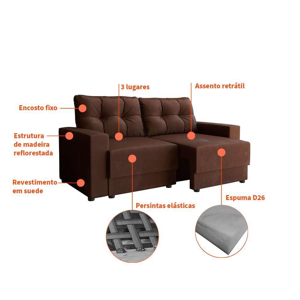 Sofá 3 Lugares Retrátil Lubeck Suede Marrom 180 cm - 4
