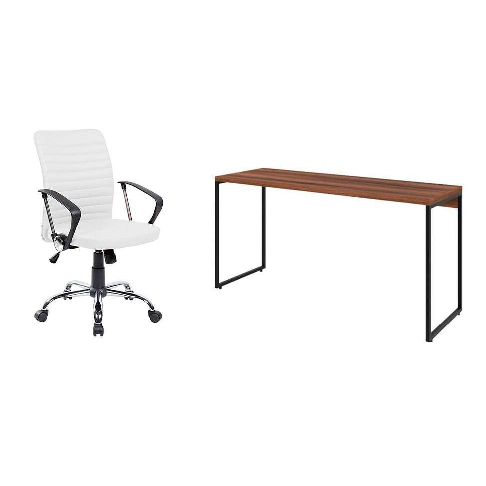 Conjunto de Mesa Studio Nogal 150 cm com Cadeira de Escritório Diretor Giratória Oslo Branca - 1