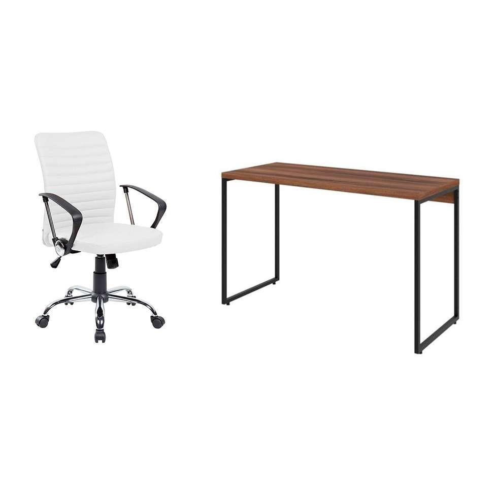 Conjunto de Mesa Studio Nogal 120 cm com Cadeira de Escritório Diretor Giratória Oslo Branca - 1