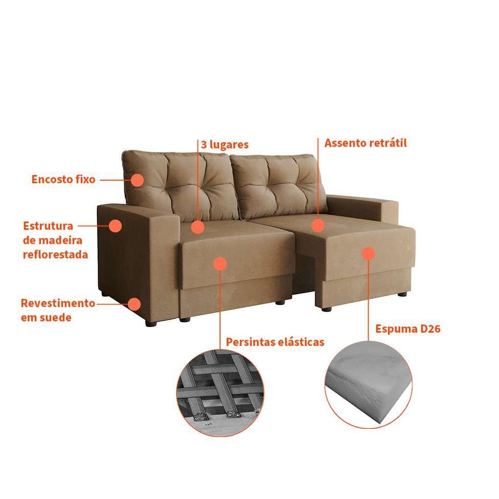 Sofá 3 Lugares Retrátil Lubeck Suede Bege 180 cm - 4