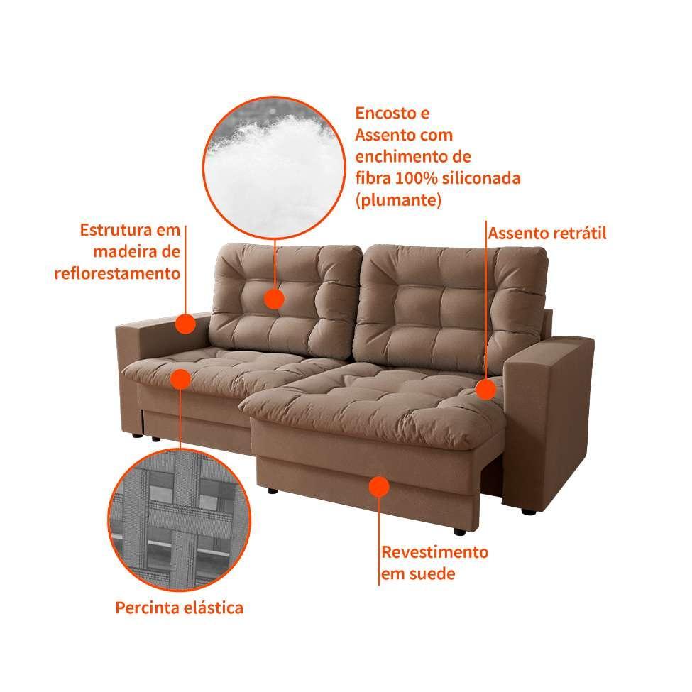 Sofá 3 Lugares Retrátil Lubeck Plush Suede Bege - 4