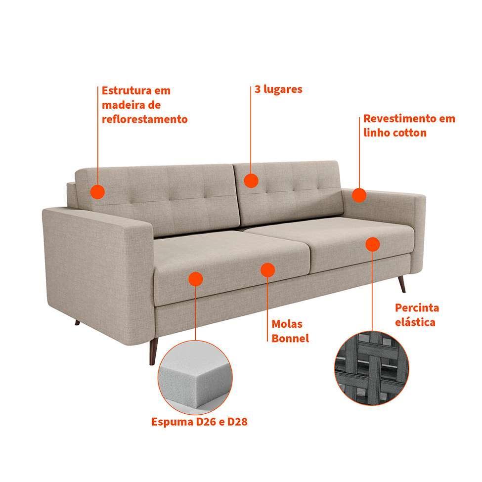 Sofá 3 Lugares Pé Palito Living Linho Cotton Cru - 4