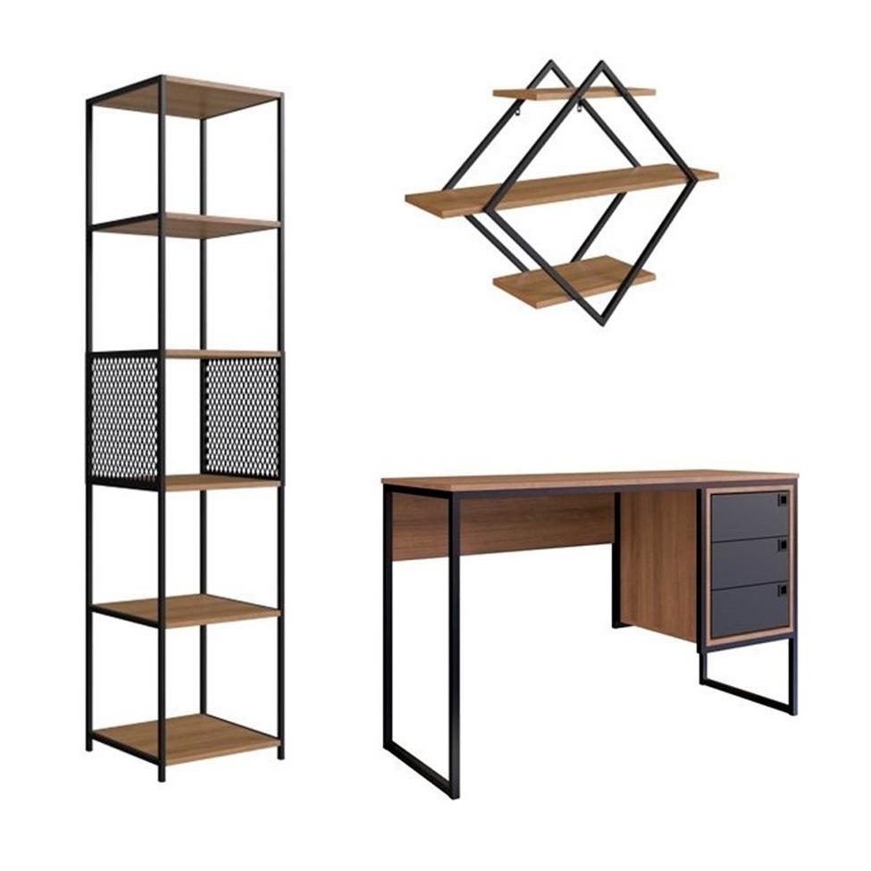 Conjunto de Escrivaninha Office 3 GV com Estante Paricel 40cm e Prateleira Driamante 80cm Grafite e Mel - 2