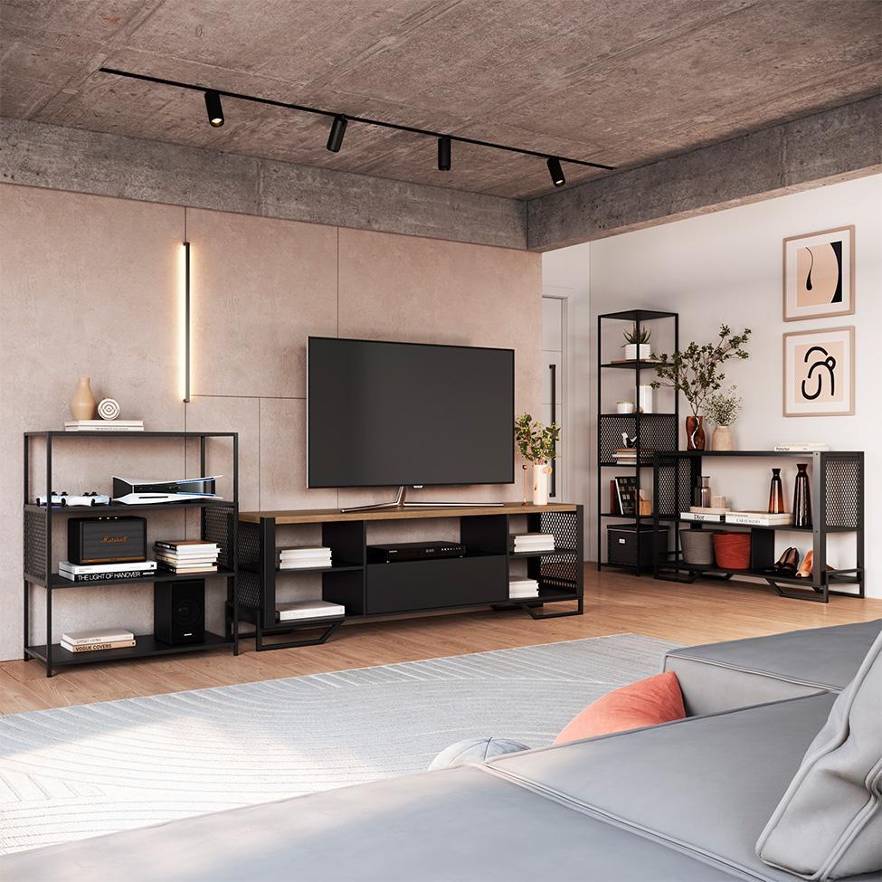 Conjunto para Sala de Estar Paricel com Rack 1 GV, Aparador, Estante 40cm e Estante 77cm Preto - 1