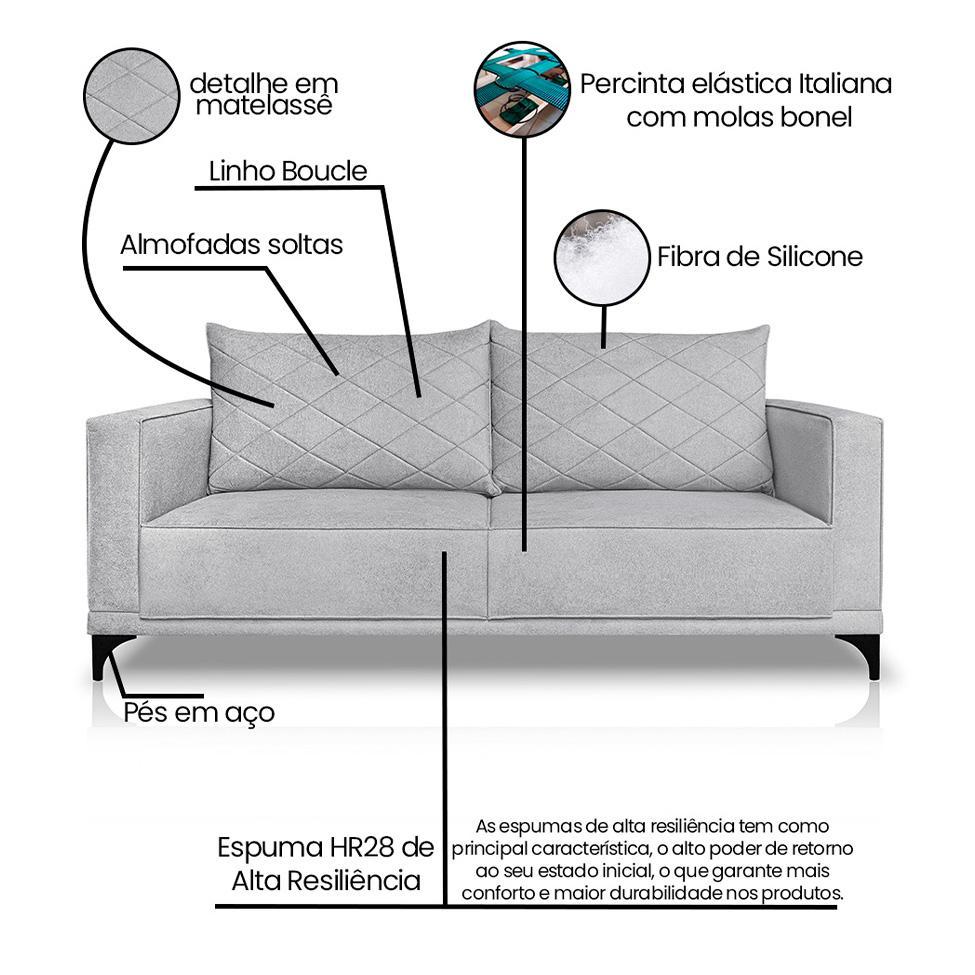Sofá 2 Lugares Eros Linho Bouclê Cinza Claro 160 cm - 8