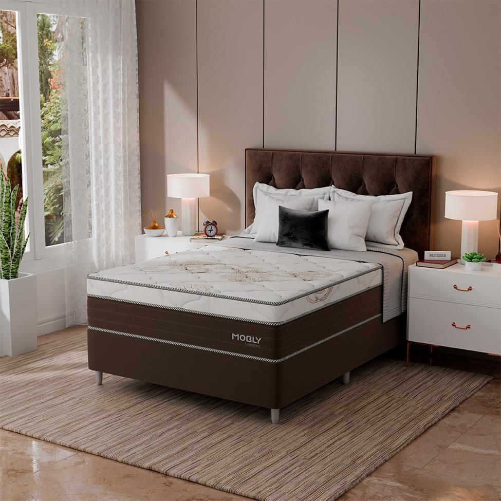 Cama Box Casal Londres com Colchão Molas Ensacadas (63x138x188) Marrom e Branca - 2