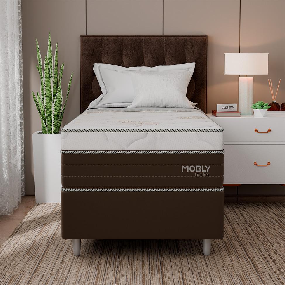 Cama Box Solteirão Londres com Colchão Molas Ensacadas (63x108x198) Marrom e Branca - 4