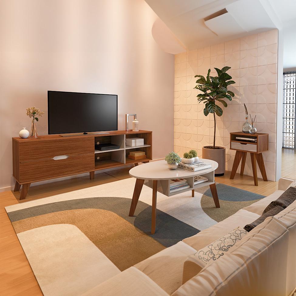 Conjunto para Sala de Estar Verona com Rack 2 GV, Mesa de Centro e Mesa Lateral Cedro e Off White - 1