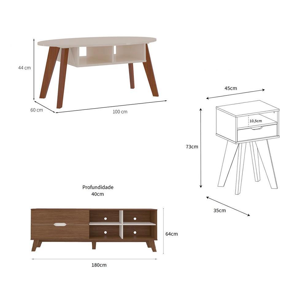Conjunto para Sala de Estar Verona com Rack 2 GV, Mesa de Centro e Mesa Lateral Cedro e Off White - 3