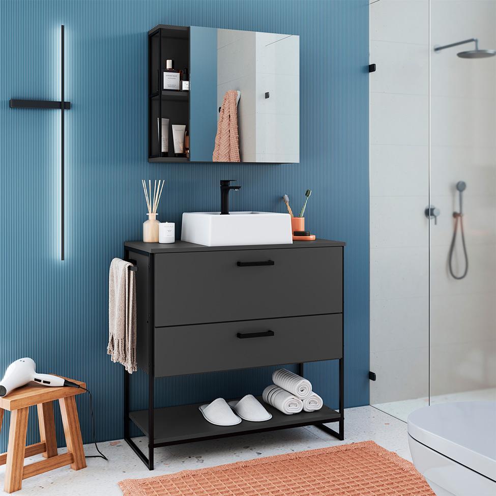 Conjunto de Gabinete de Banheiro Paricel 1 PT e 1 GV com Cuba Ametista Branca e Espelheira Angel 1 PT Preto e Grafite - 1