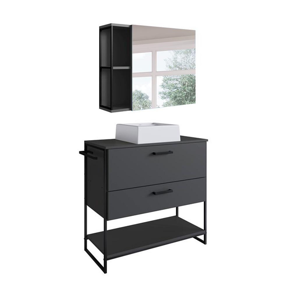 Conjunto de Gabinete de Banheiro Paricel 1 PT e 1 GV com Cuba Ametista Branca e Espelheira Angel 1 PT Preto e Grafite - 2