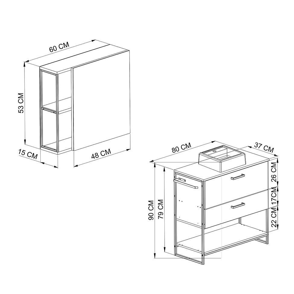 Conjunto de Gabinete de Banheiro Paricel 1 PT e 1 GV com Cuba Ametista Branca e Espelheira Angel 1 PT Preto e Grafite - 3