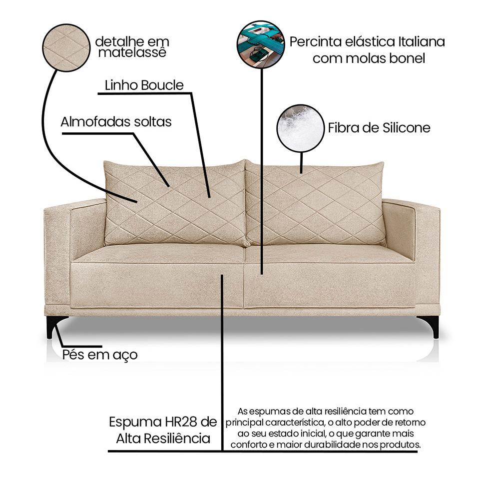 Sofá 3 Lugares Eros Linho Bouclê Bege 220 cm - 8
