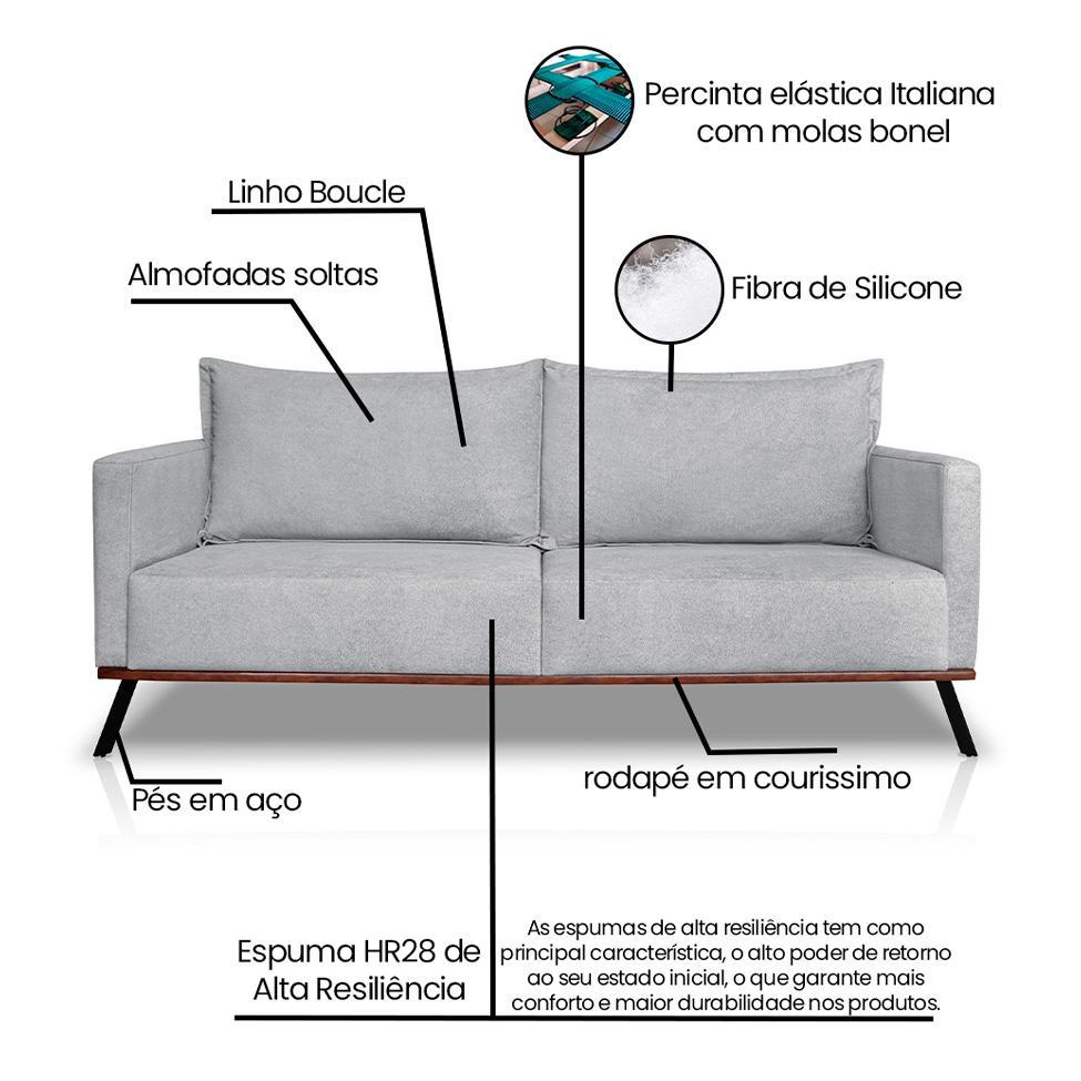 Sofá 3 Lugares Zeus Linho Bouclê Cinza Claro 220 cm - 8