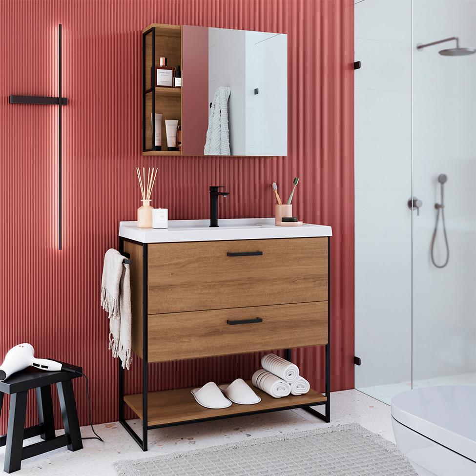 Conjunto de Gabinete de Banheiro com Lavatório Stela 1 PT e 1 GV e Espelheira Angel 1 PT Preto e Mel - 1