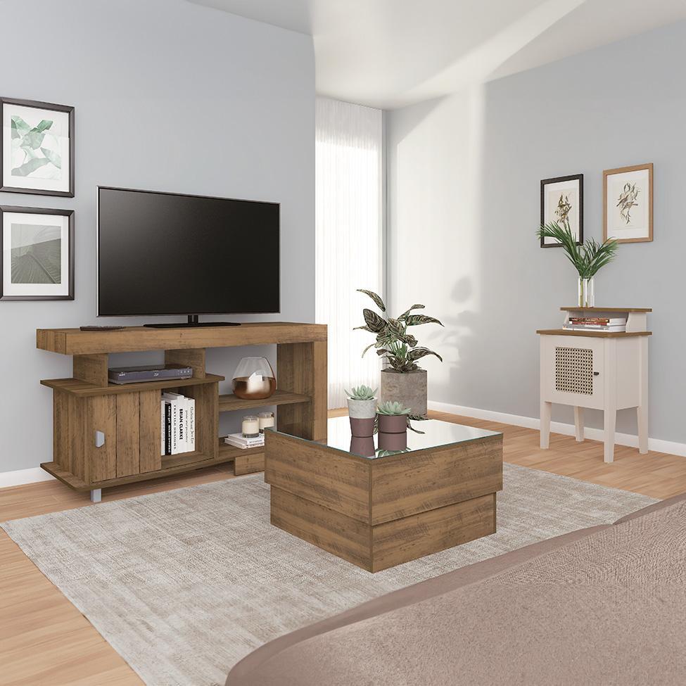 Conjunto para Sala de Estar Royal com Rack, Mesa de Centro e Mesa Lateral Pinho e Off White - 1