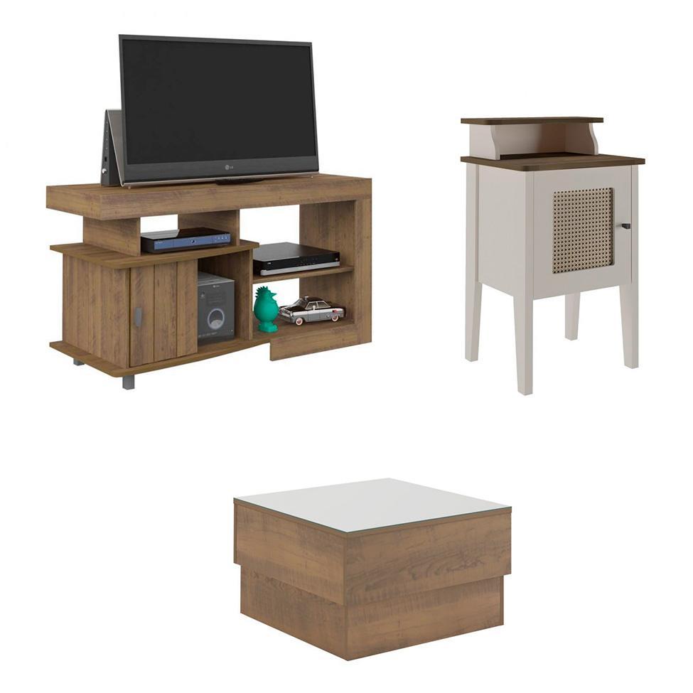 Conjunto para Sala de Estar Royal com Rack, Mesa de Centro e Mesa Lateral Pinho e Off White - 2