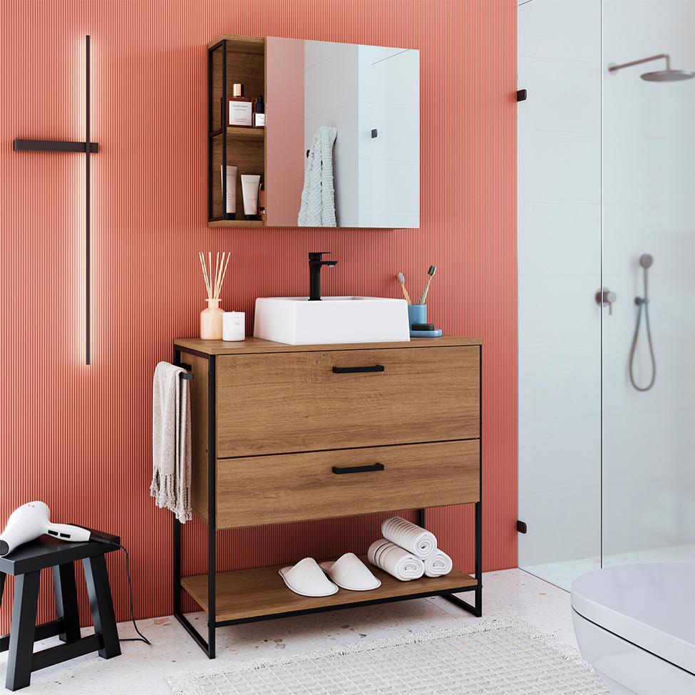 Conjunto de Gabinete de Banheiro Paricel 1 PT e 1 GV com Cuba Ametista Branca e Espelheira Angel 1 PT Preto e Mel - 1